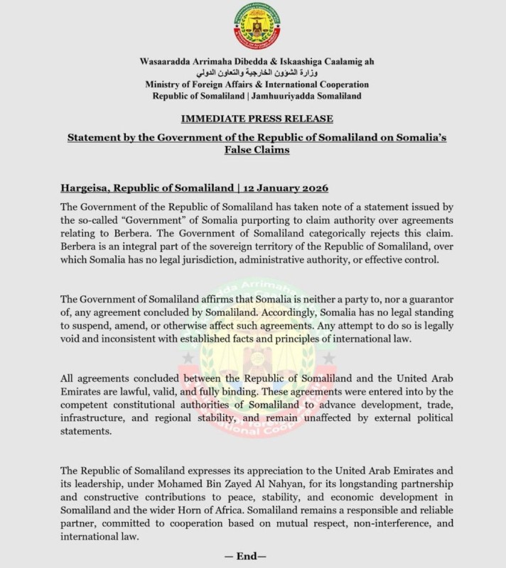 Le Somaliland rejette les revendications de la Somalie sur Berbera et affirme la légalité de ses accords avec les Émirats arabes unis