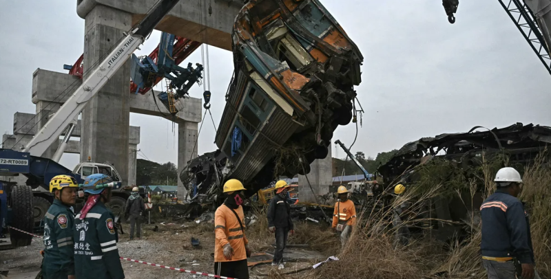 At least 32 killed after crane collapses on train in Thailand