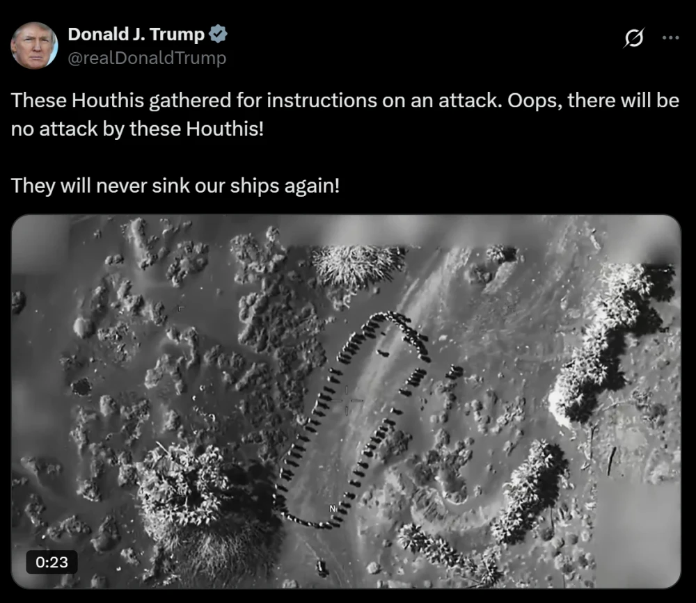 ‘Oops’: Donald Trump shares video showing attack on Yemen's Houthis